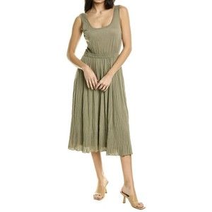 Vince Scoop Neck Pleated Midi Tank Dress in Moss Green Sz L NWT